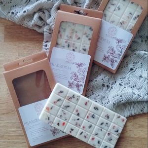 Fondants de Lithothérapie, infusés de pierres naturelles. Fabrication artisanale avec de la cire végétale, des parfums de Grasse, vegan et cruelty free. Fondants de Cire PRAESIDIUM - Ambiance réconfortante et protection énergétique - Infusés d’Œil-de-tigre, Cornaline et Pyrite. Fondants pierres naturelles