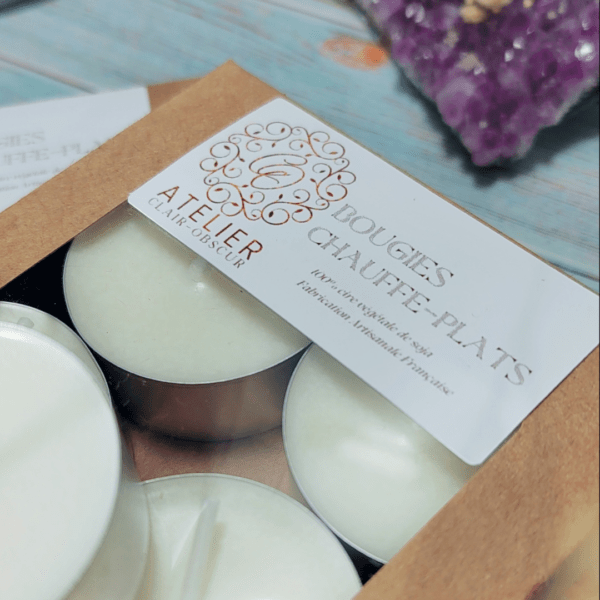 Bougie chauffe-plat. Fabrication artisanale avec de la cire végétale, vegan et cruelty free.
