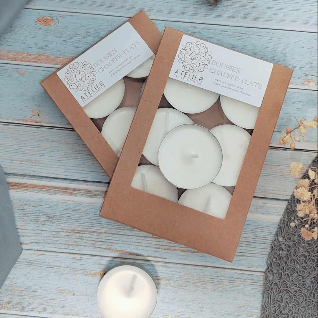 Bougie chauffe-plat. Fabrication artisanale avec de la cire végétale, vegan et cruelty free. Bougie chauffe-plat en cire végétale de soja