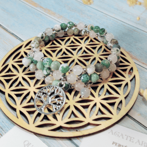 Bracelet Délicate Connexion en Agate Arbre et Quartz Rose sur fond naturel avec breloque Arbre de Vie. - pierres naturelles - lithothérapie