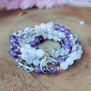 Bracelet Mala Harmonie Céleste en Quartz Rose, Améthyste et Cristal de Roche. Pierres naturelles. Bracelet énergétique. Bracelet spirituel.